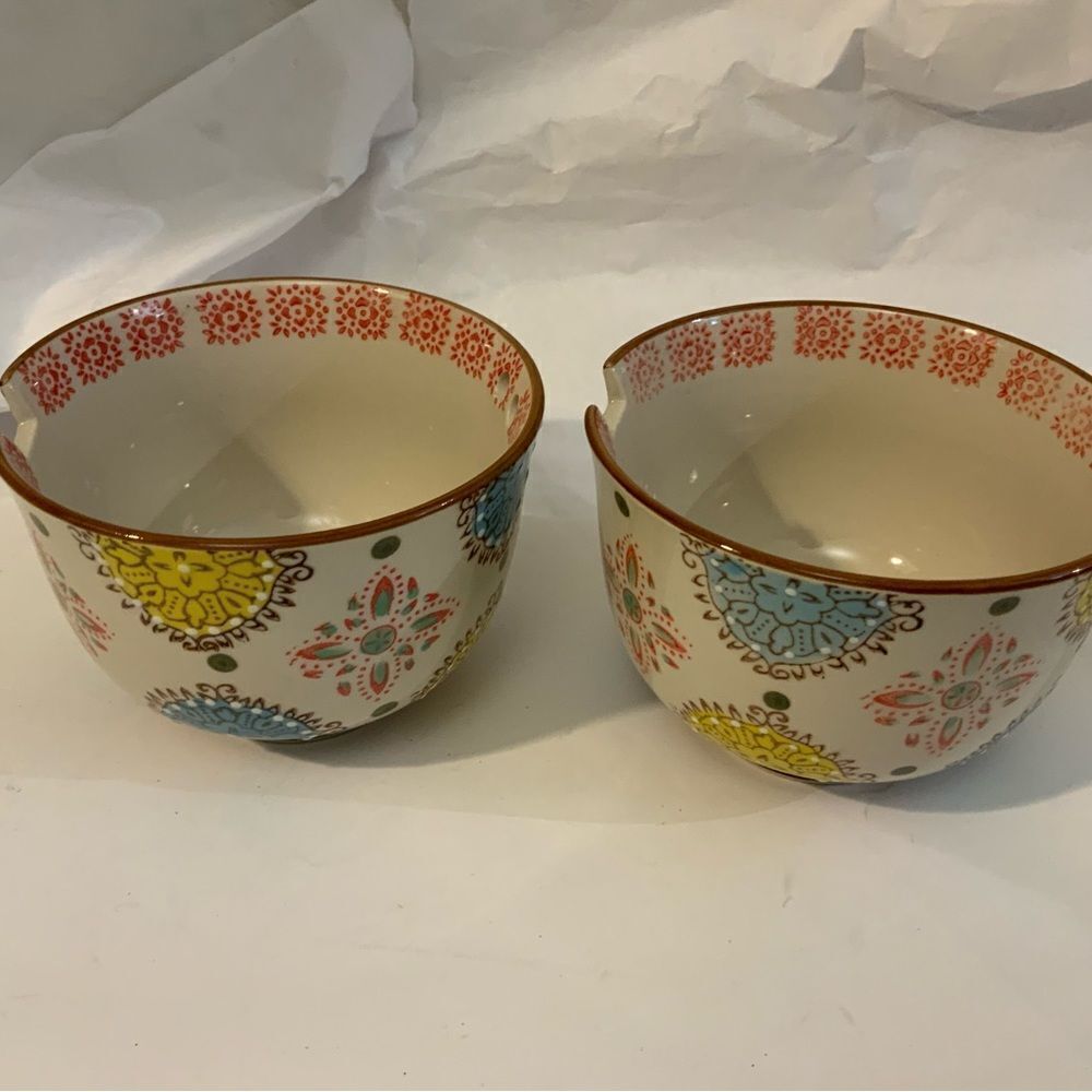 2 Yokohama Studio Hand Painted ramen Bowl Chopstick Hole A9